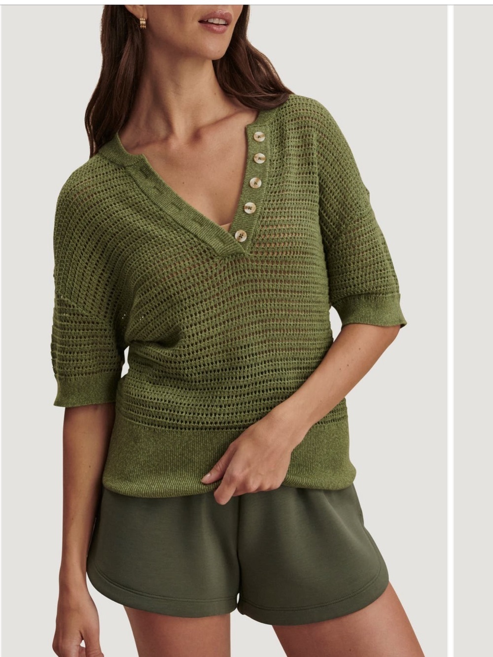Varley Callie olive wide button down v-neck drop shoulder open knit sweater